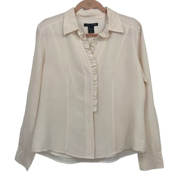 Anne Carson 100% Silk Long Sleeve Ruffle Front Blouse Cream Large - Picture 1 of 10